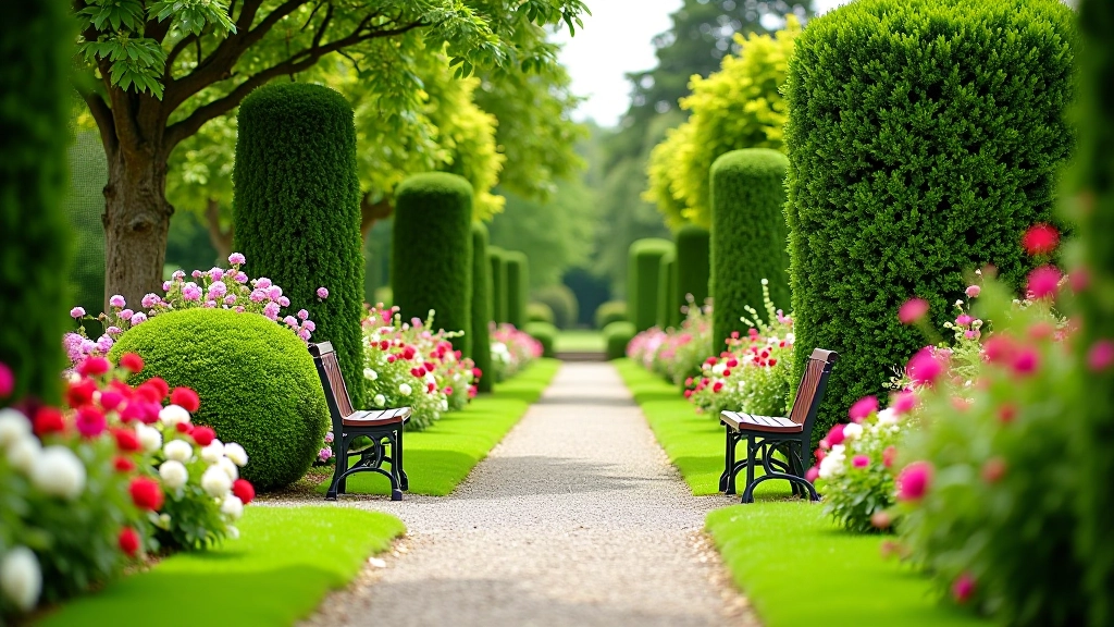 Ornamental garden with flowering shrubs, manicured pathways, and comfortable seating areas for visitors to rest