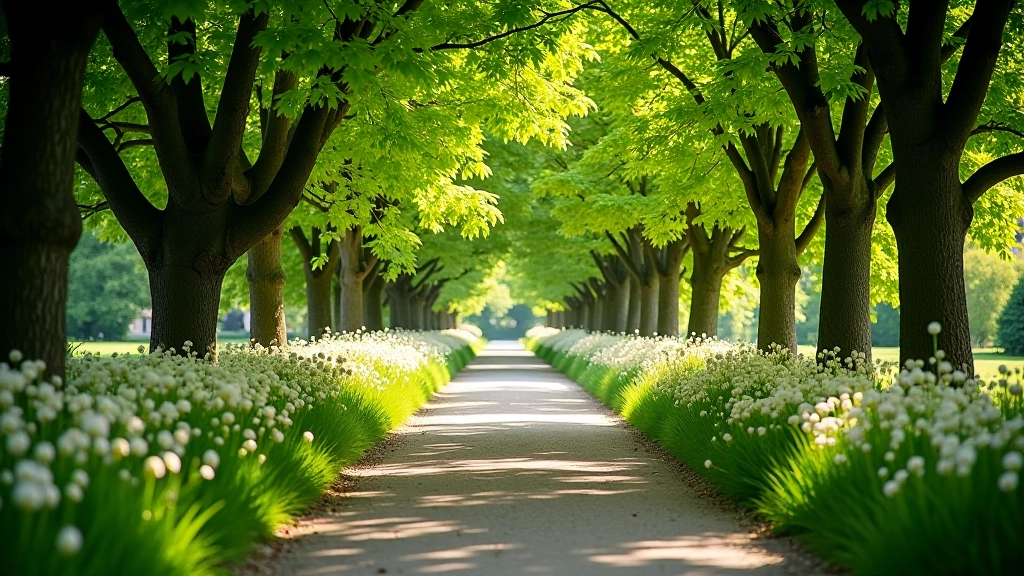 Scenic garden pathways with mature trees creating natural canopy and dappled sunlight, peaceful walking environment at Fota Island