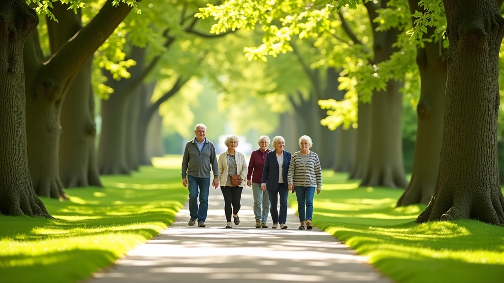 Group of mature adults walking through tree-lined path in arboretum