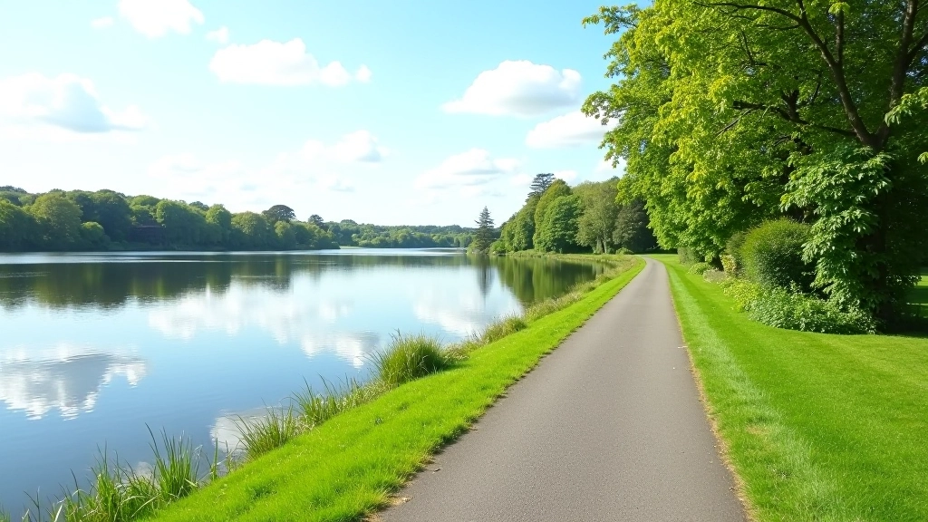 Lakeside walking path with water views, green parkland, and clear sky on a bright day with excellent visibility