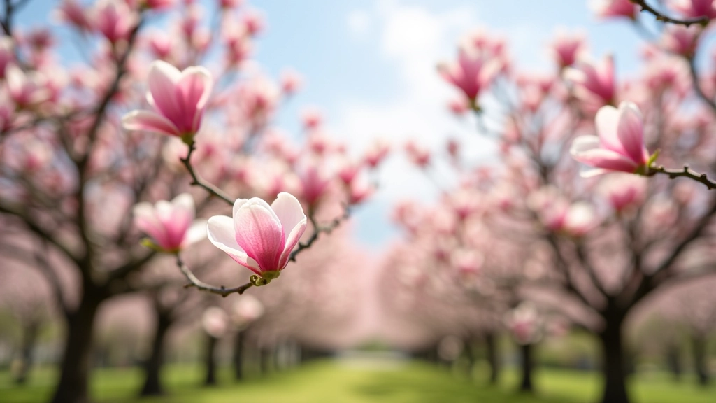 Magnolia trees in full bloom with pink and white flowers creating a spectacular spring display in botanical garden