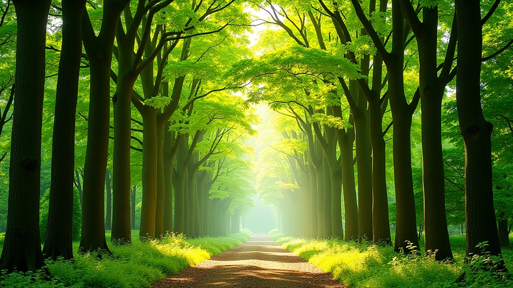 Mature specimen trees creating a natural canopy overhead, dappled sunlight filtering through leaves, woodland walking path beneath