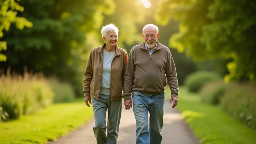 Senior couple walking together on a well-maintained park path on a sunny day, enjoying outdoor exercise