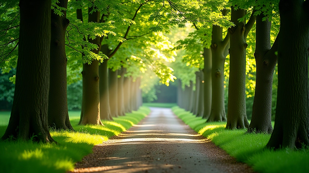 Peaceful woodland path lined with mature trees and dappled sunlight filtering through the canopy at Fota Island