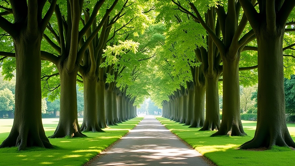 Dramatic tree-lined avenue at Fota with towering conifers creating natural archway, sunlight filtering through, peaceful garden walking path