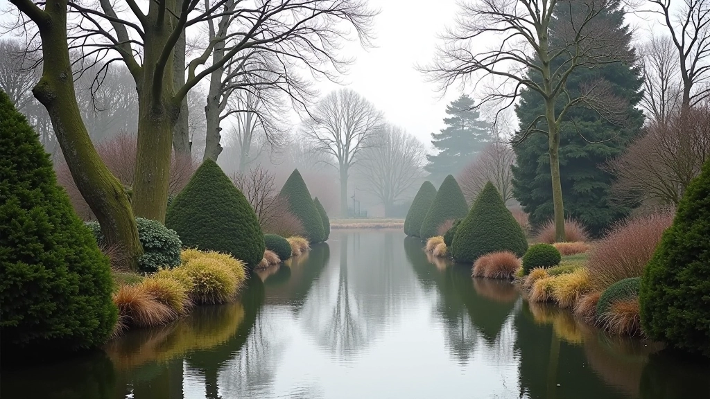 Winter garden with bare trees showing structural form, evergreen plants providing color, frost and clean winter landscape
